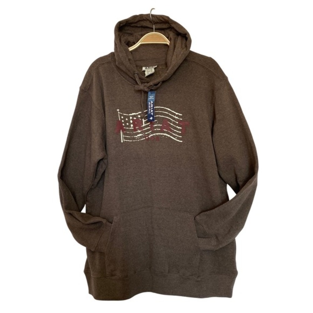 Ariat REAL Graphic Flag Hoodie Sweatshirt Women XL Brown Western Rodeo NWT